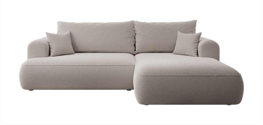 Selsey Ecksofa OVO mit Schlaffunktion, Bettkasten, Ottomane rechts, Boucle-Bezug in Dunkelbeige