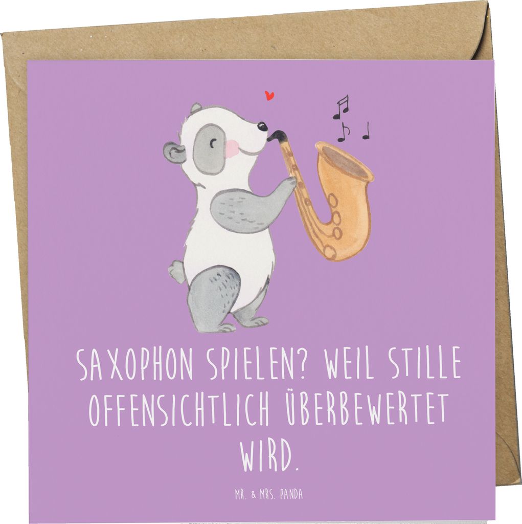 Mr. & Mrs. Panda Grußkarte Saxophon Leidenschaft - Lavendeltraum - Geschenk, faltkarte, Glückwunschkarte, Musiker, Musikinstrument, anlasskarte, ...