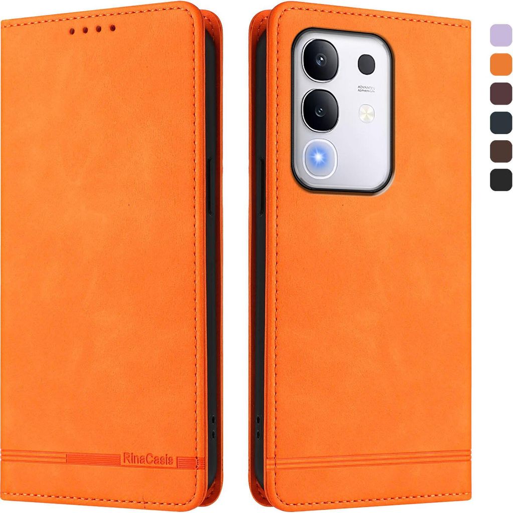 Hülle für Vivo Y29 4G, Retro Kunstleder Ständer Klapphülle mit Kartenfächer und Magnetische Orange