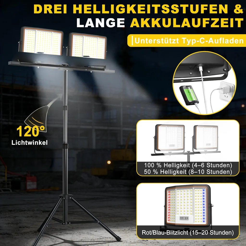 Projecteur LED pour travaux nocturnes UISEBRT 2x300W réglable et sans fil - 6