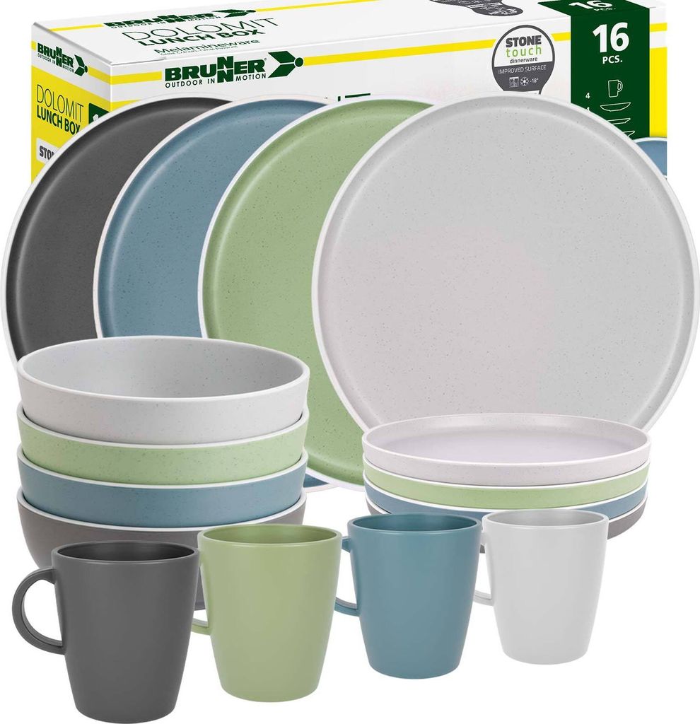BRUNNER Camping Geschirr Set 4 Personen | Anti-Slip | Lunchbox DOLOMIT, 16-tlg.