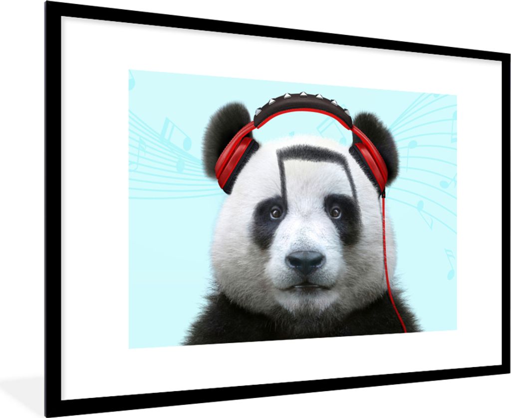 MuchoWow Gerahmtes Poster Panda - Kopfhörer - Tier - Musiknoten - Rot 90x60 cm - Poster mit Schwarzem Bilderrahmen Wandposter Rahmen Foto Bilder...