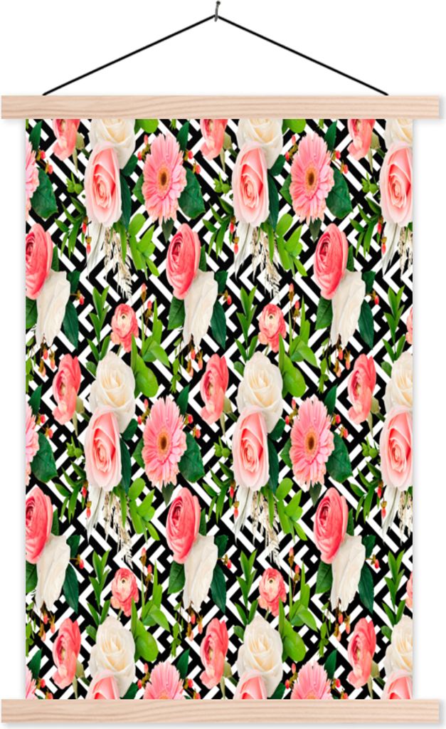 MuchoWow Textilposter Blumen - Muster - Rosen - Gerbera 40x60 cm mit holzfarbenen Rahmen - Poster