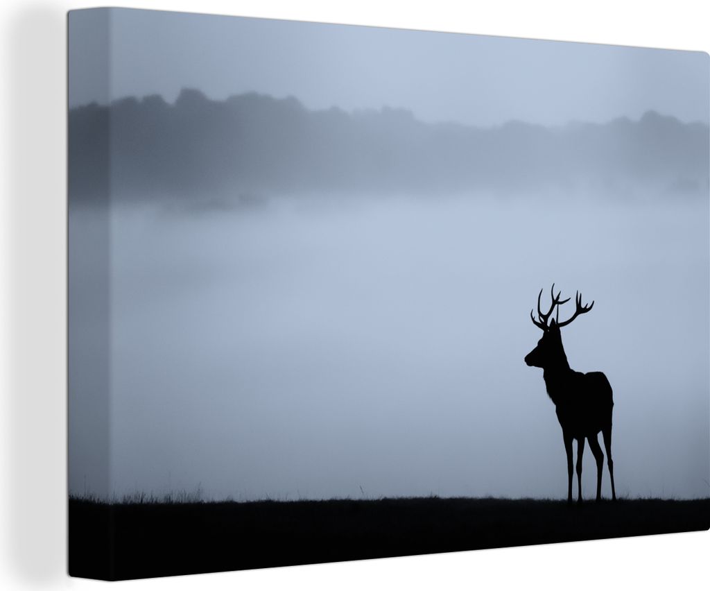 OneMillionCanvasses - Leinwandbilder - 150x100 cm, Hirsch - Nebel - Silhouette, Wandbilder Kunstdruck Wanddekoration