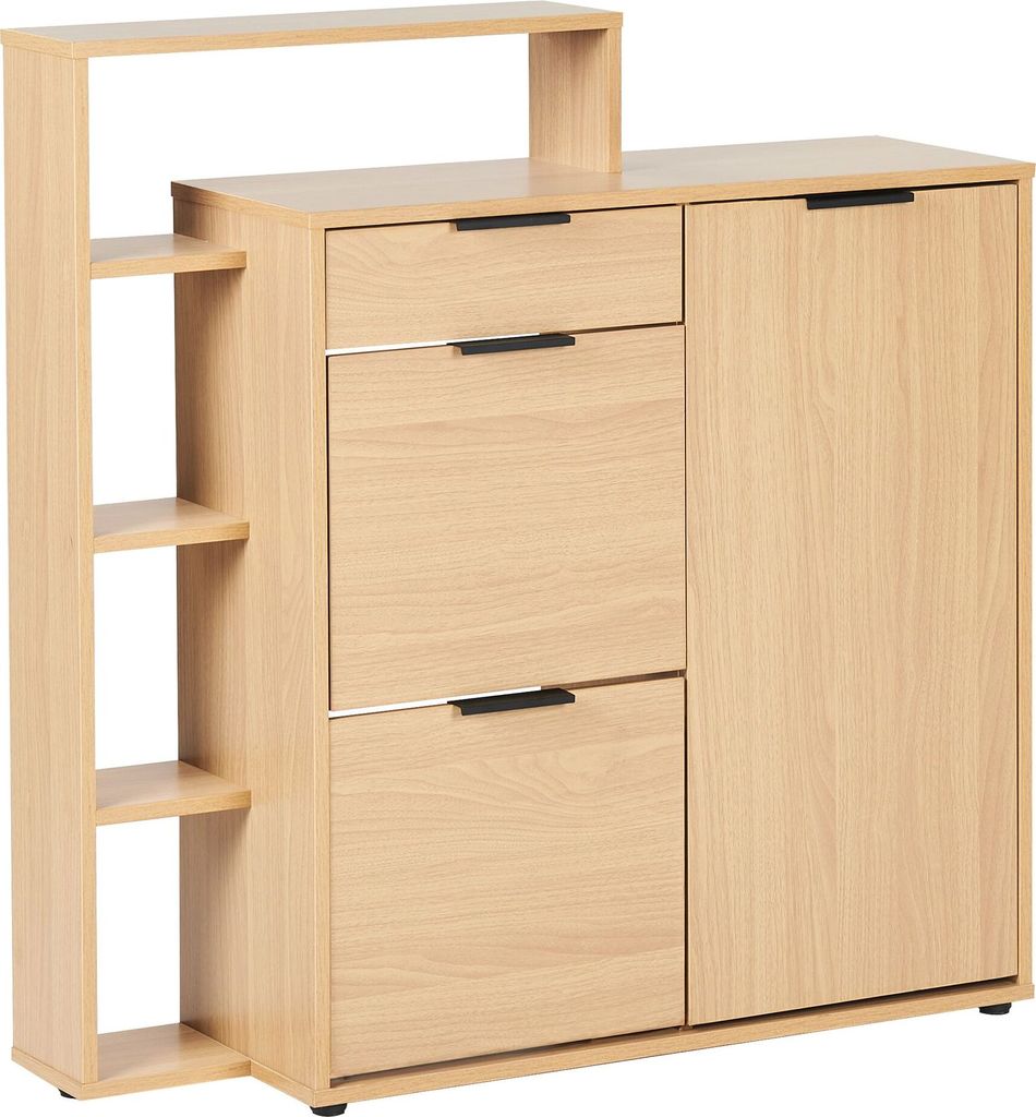 BELIANI Schuhschrank Hellbraun Faserplatte Holzoptik Halbhoch mit 2 Klapptüren Regal Schublade Skandi Flur Eingangsbereich Ankleide Diele Garderobe