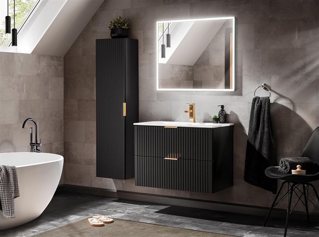 Design Badmöbel Set ADEL SCHWARZ 80 cm MDF SOFT-CLOSE MONTIERT komplettes Badmöbel Set