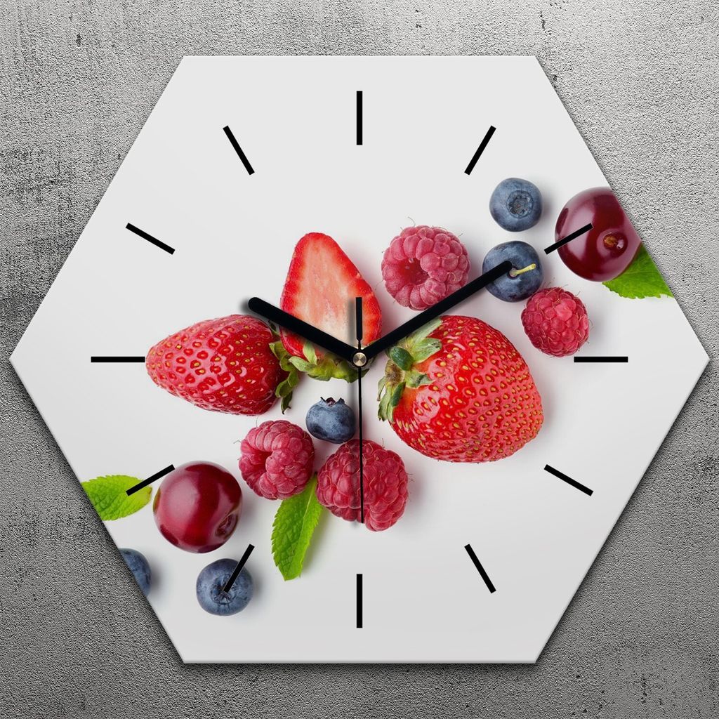Uhr hexagonal 40 cm Glas Geräuschlos schwarze Zeiger - Weiße Farbige Früchte