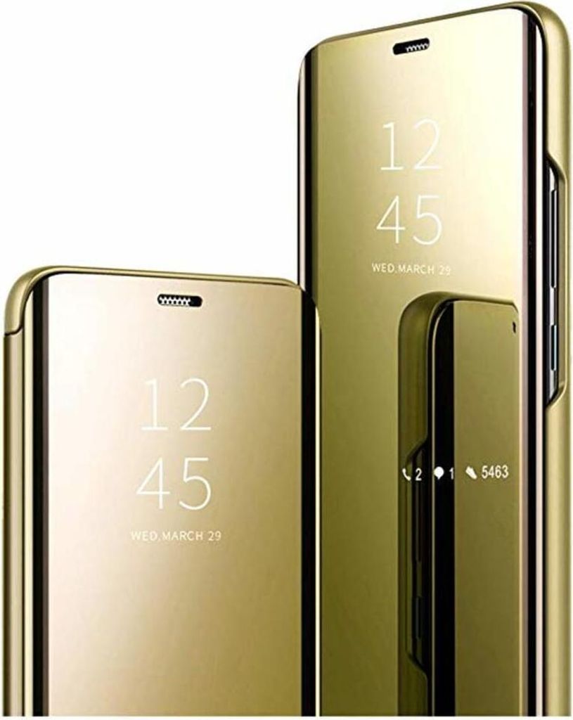 Handy Hülle für Samsung Galaxy A50 Clear View Hülle Klapp Flip Hülle Bumper Spiegel Mirror Cover, Farbe: Gold