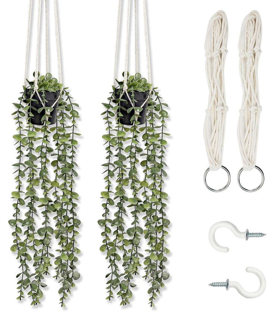 2 Makramee-Pflanzenampeln mit künstlichen Pflanzen, Makramee-Blumentöpfe im Boho-Stil, Hängeampeln für Garten, Balkon, Fenster, Wohnzimmer