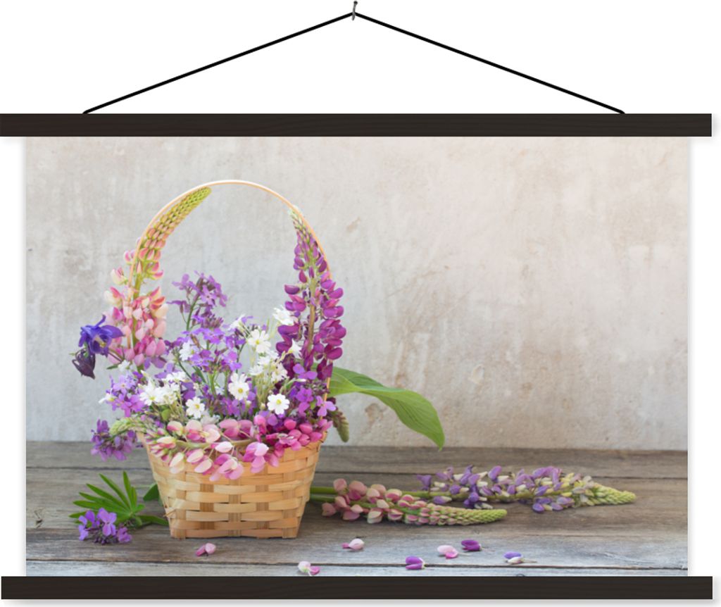 MuchoWow Textilposter Korb - Blumen - Stilleben 60x40 cm mit schwarzem Rahmen - Hölzernes