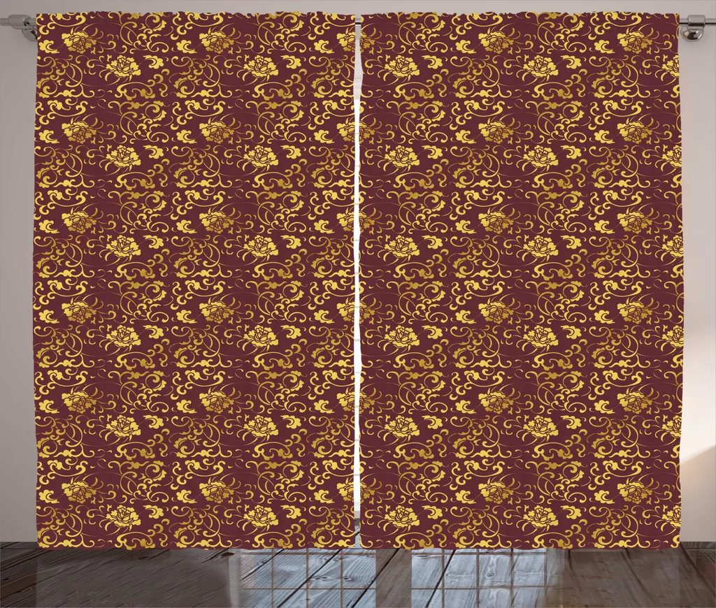 ABAKUHAUS Tenda rustica, motivo orientale antico, tende universali per soggiorno con passanti e ganci, 280 x 245 cm, senape e bordeaux