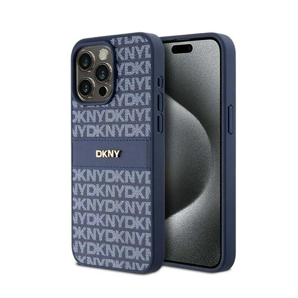DKNY iPhone 15 Pro Max Custodia Pelle Blu Mono Stripe | Lusso NY