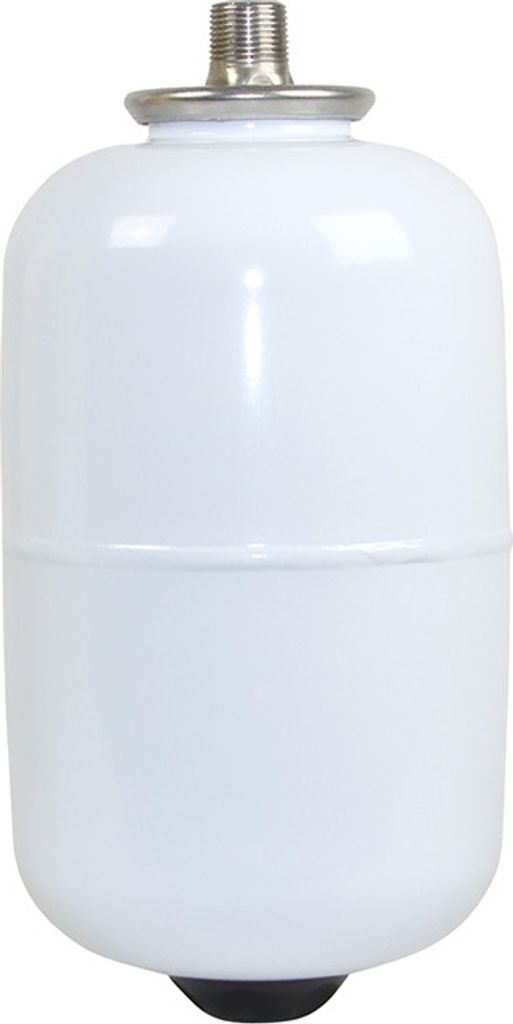 A white expansion vessel with a threaded connection at the top and a black rubber foot at the bottom, isolated on a white background.