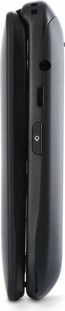 Side view of a black flip phone.