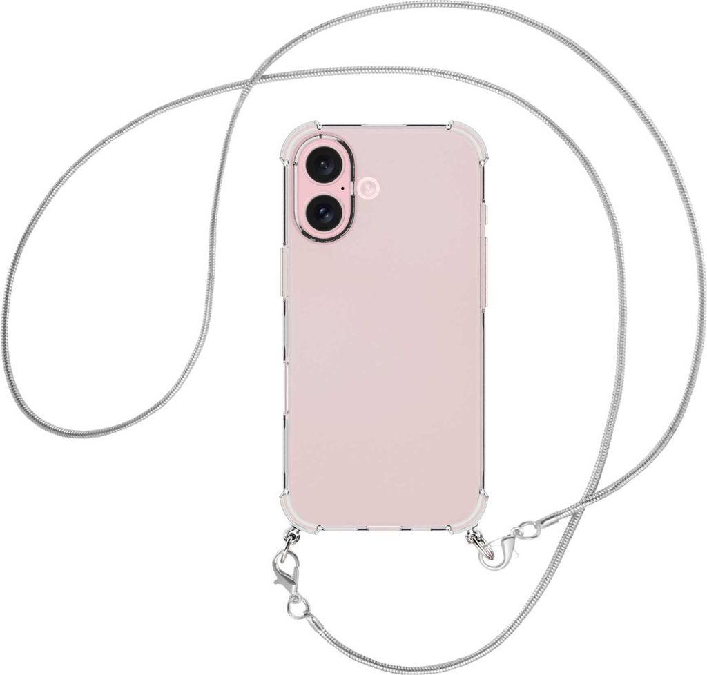 Handykette Backcover-Schutzhülle mit Band (Metall silberfarben) für iPhone 16 - silberfarbene Snake-Kette