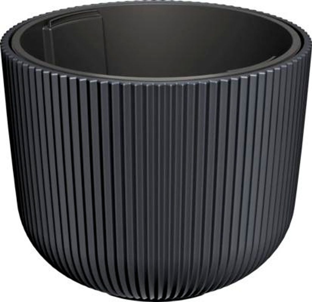 A black planter pot with a ribbed texture.