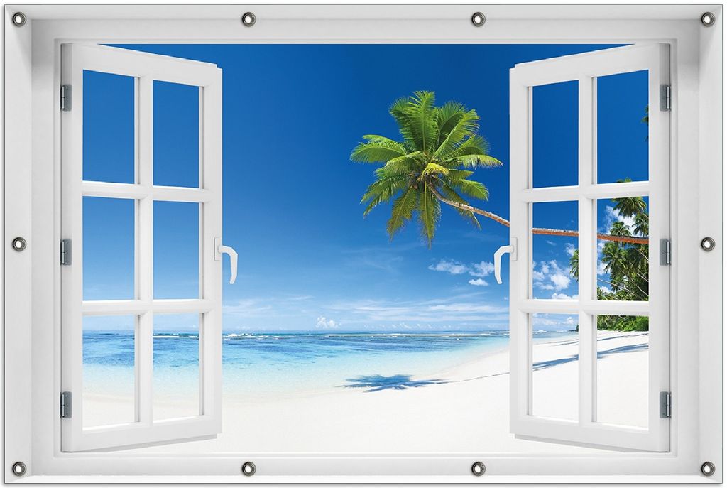 Wallario Outdoor-Poster für Garten oder Balkon 100 x 150 cm: Weißer Sandstrand am Meer - Ein Traum unter Palmen