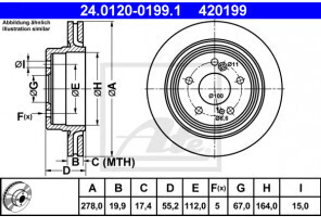 Disque de frein ATE 24.0120-0199.1 pour Mercedes Classe E W124 S124