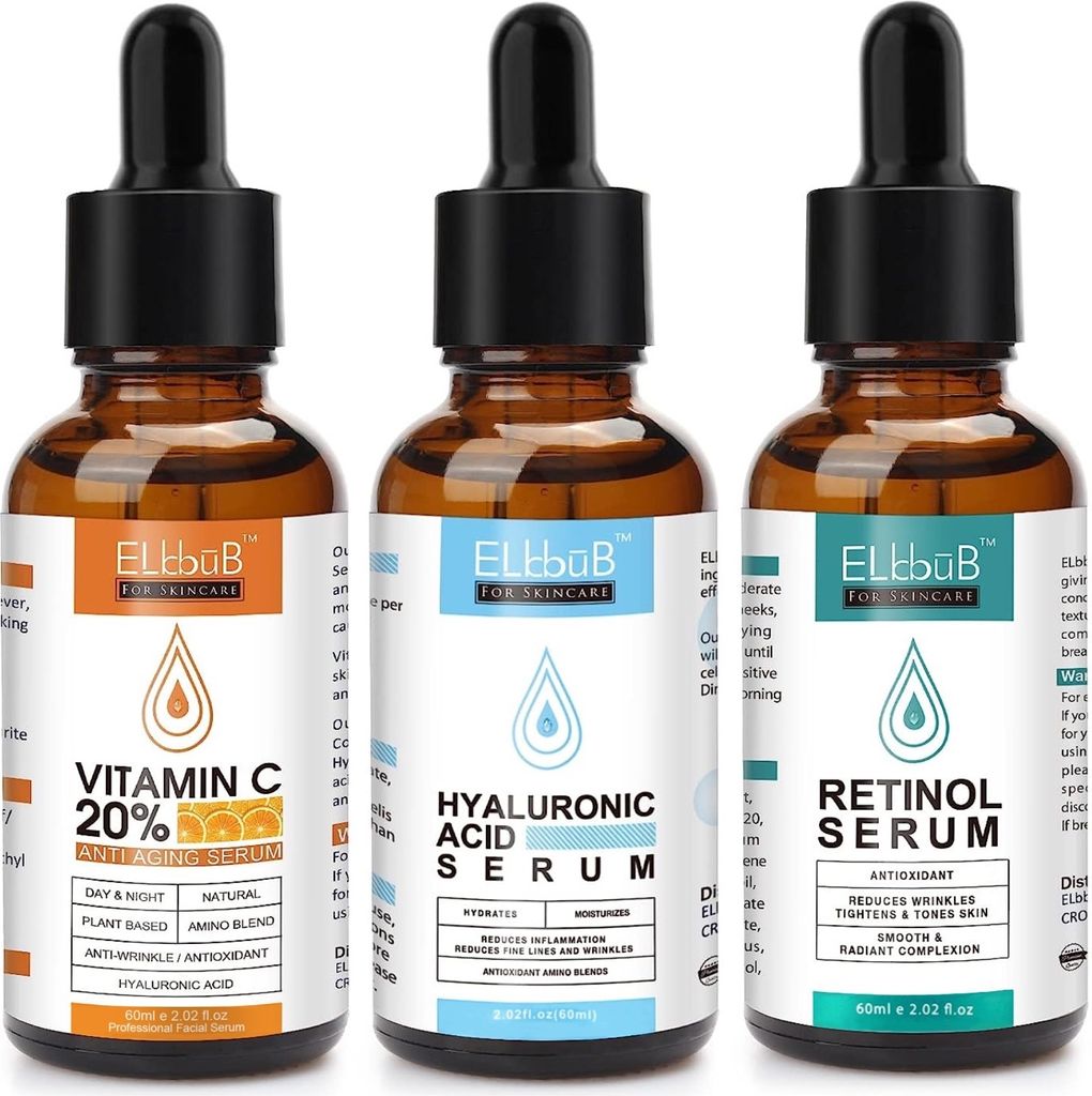 Gesichtsserum Set mit Vitamin C Hyaluron Retinol Serum Anti-Falten Anti-Aging Vegan, 3x 60ml