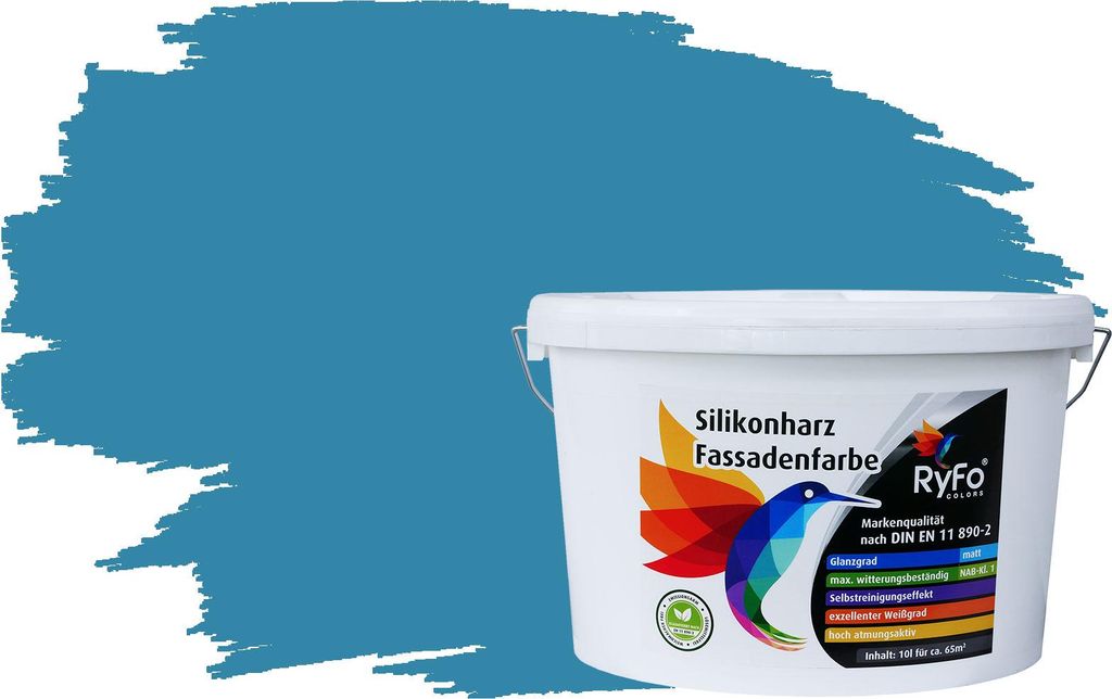 RyFo Colors Silikonharz Fassadenfarbe Lotuseffekt Trend Pazifik 10l - bunte Fassadenfarbe, weitere Blau Farbtöne und Größen erhältlich, Deckkra...