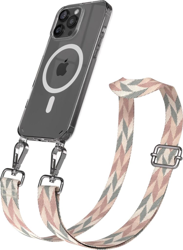 EAZY CASE - Handykette mit MagSafe Hülle für Apple iPhone 16 Pro Max, Handyband Mix Style, Karabiner Silber, Umhängeband in Grün