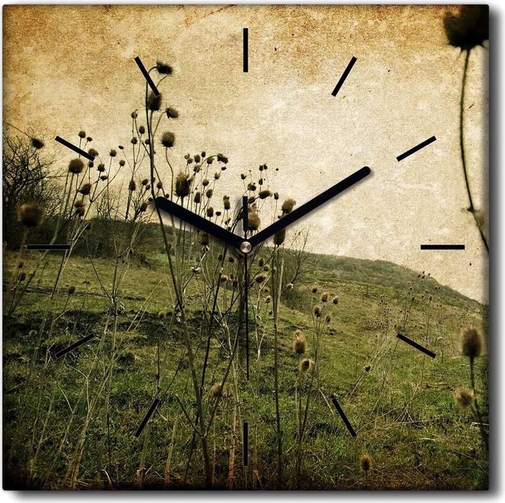 Coloray Uhr auf Leinwand 30x30 cm Wand Uhr Dekoration Wohnzimmer Segeltuch schwarze Hände -Wiese blüht Natur.