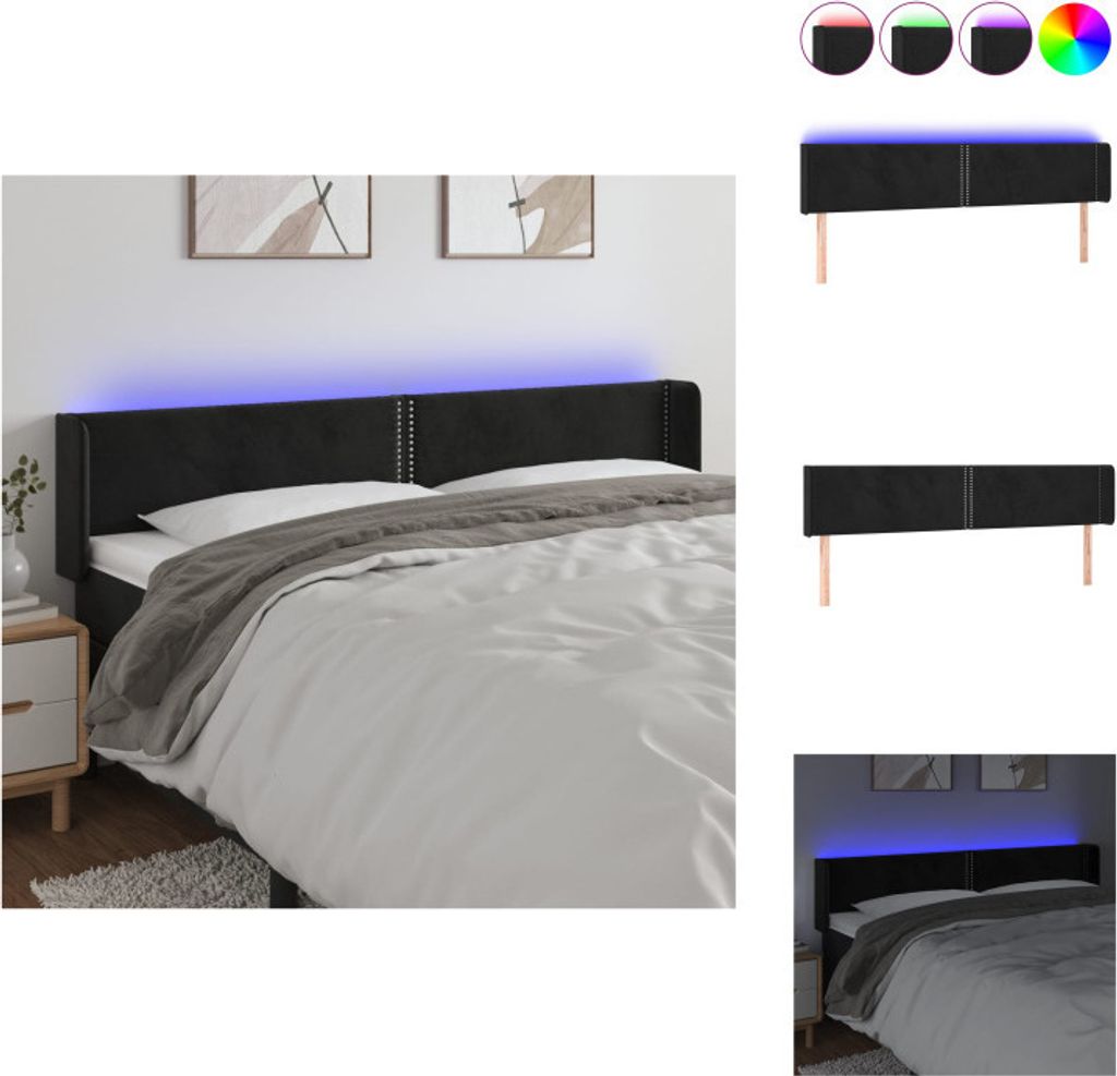 vidaXL LED Kopfteil Schwarz 183x16x78/88 cm Samt - Kopf- & Fußenden