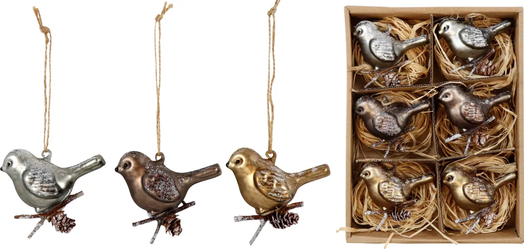 Décoration Sapin Oiseaux en Verre pour Thème Hivernal Lot de 6 Figurines 3117