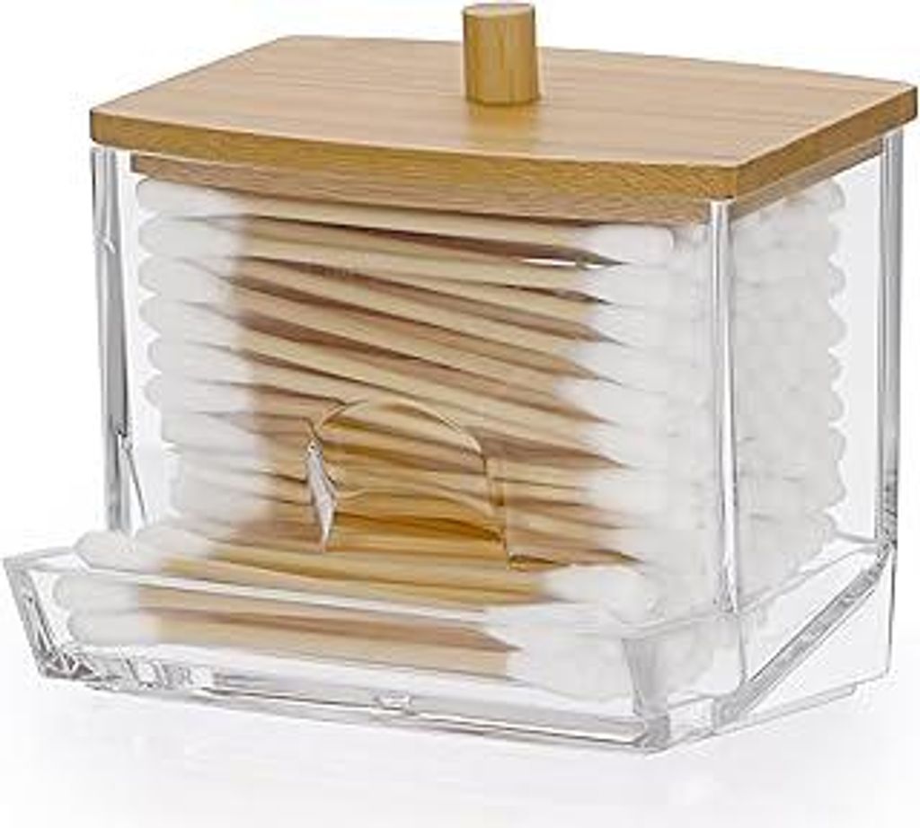 Acryl Wattestäbchen Box Kleine Schminktisch Organizer Transparent Aufbewahrungsbox mit Bambusdeckel für Badezimmer, Schlafzimmer, Waschbecken (Fo...