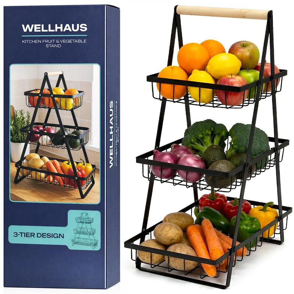 WELLHAUS 3-Etagen Obst Etagere aus Kohlenstoffstahl – Abnehmbarer Obstkorb für Obst, Gemüse & Snacks, Schwarz