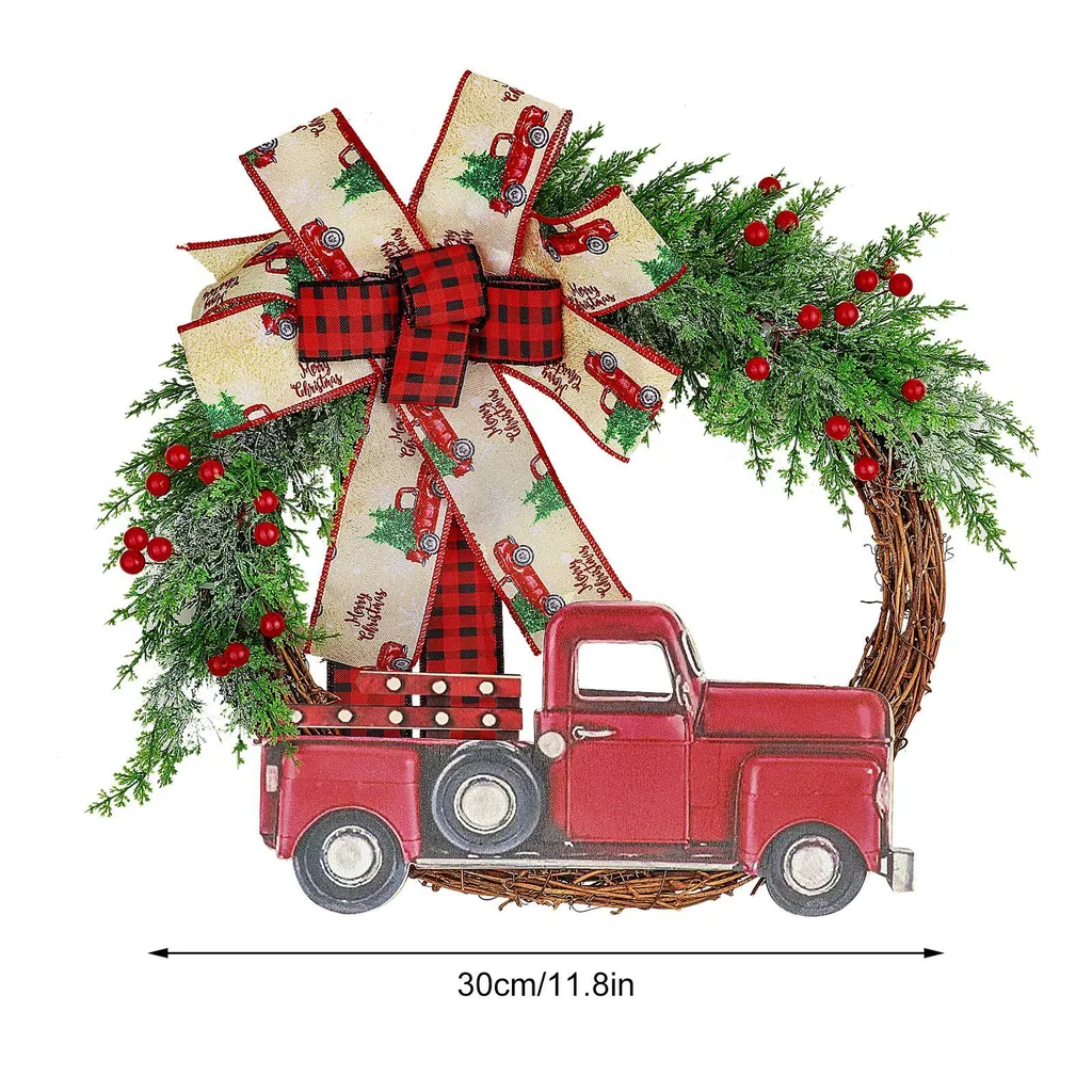 Couronne de Noël camion rouge Farmhouse en rotin naturel et baies