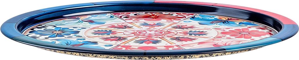 Serviertablett - Rundes Metalltablett - 32,5 cm Durchmesser - Mosaikmuster - Lithografierte Oberfläche