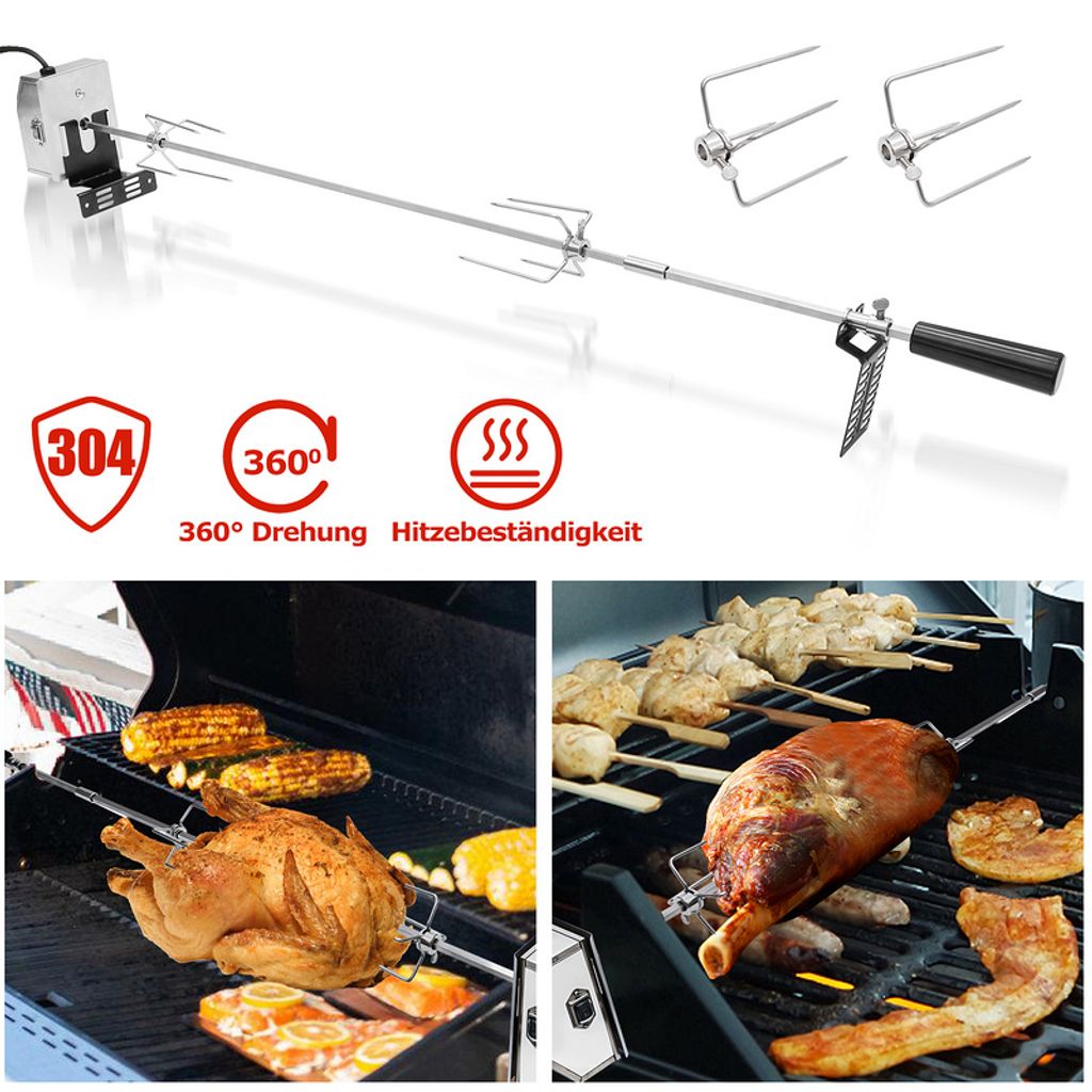 Fiqops Edelstahl Grillspieß Set 117cm BBQ Fleischklammer mit Motor inkl. Fleischnadeln, 220V - 240V, Elektrischer Drehspieß, Rotisserie, Drehspiess
