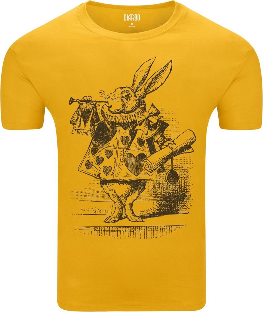 Diarbo Herren T-Shirt mit Alice im Wunderland Druck Weißes Kaninchen Gelb Gr.S