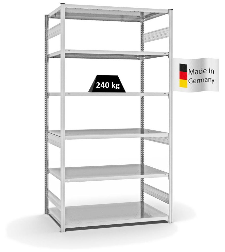 PROREGAL Fachbodenregal Stecksystem MAGNUS Germany | HxBxT 250x130x80cm | 6 Ebenen | Fachlast 240 kg | Beidseitig nutzbar | Lichtgrau