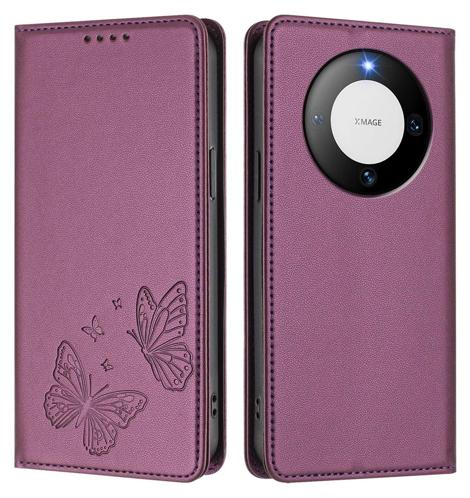Lederhülle für Huawei Mate 60 Pro/Mate 60 Pro+, Schmetterling Prägung Leder Brieftasche Schutzhülle mit Ständer Lila