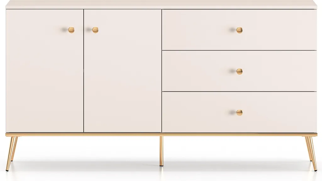 Buffet Bas SELGIN 160 cm Greige : 3 Tiroirs et 2 Portes, Design Moderne