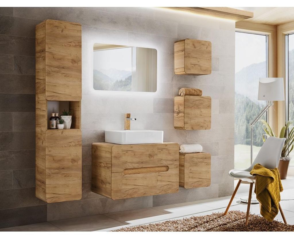 Möbelwaschtisch ERBANO – 2 Schubladen – 80 cm – Farbe helles Eichenholz – Praktisch und elegant