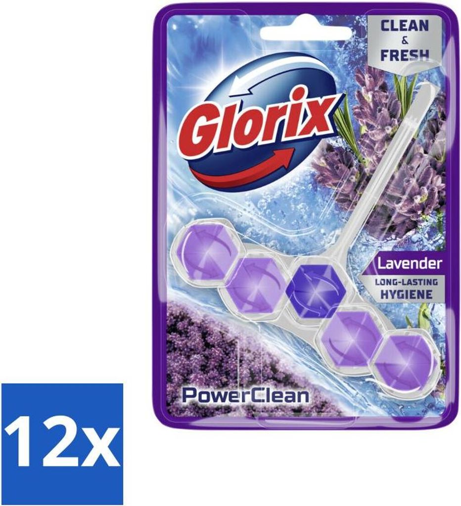 Glorix - Toilettenblock - Power Clean Lavendel - Frischer Duft - 1 Block - Vorteilspack - 12 Stücke