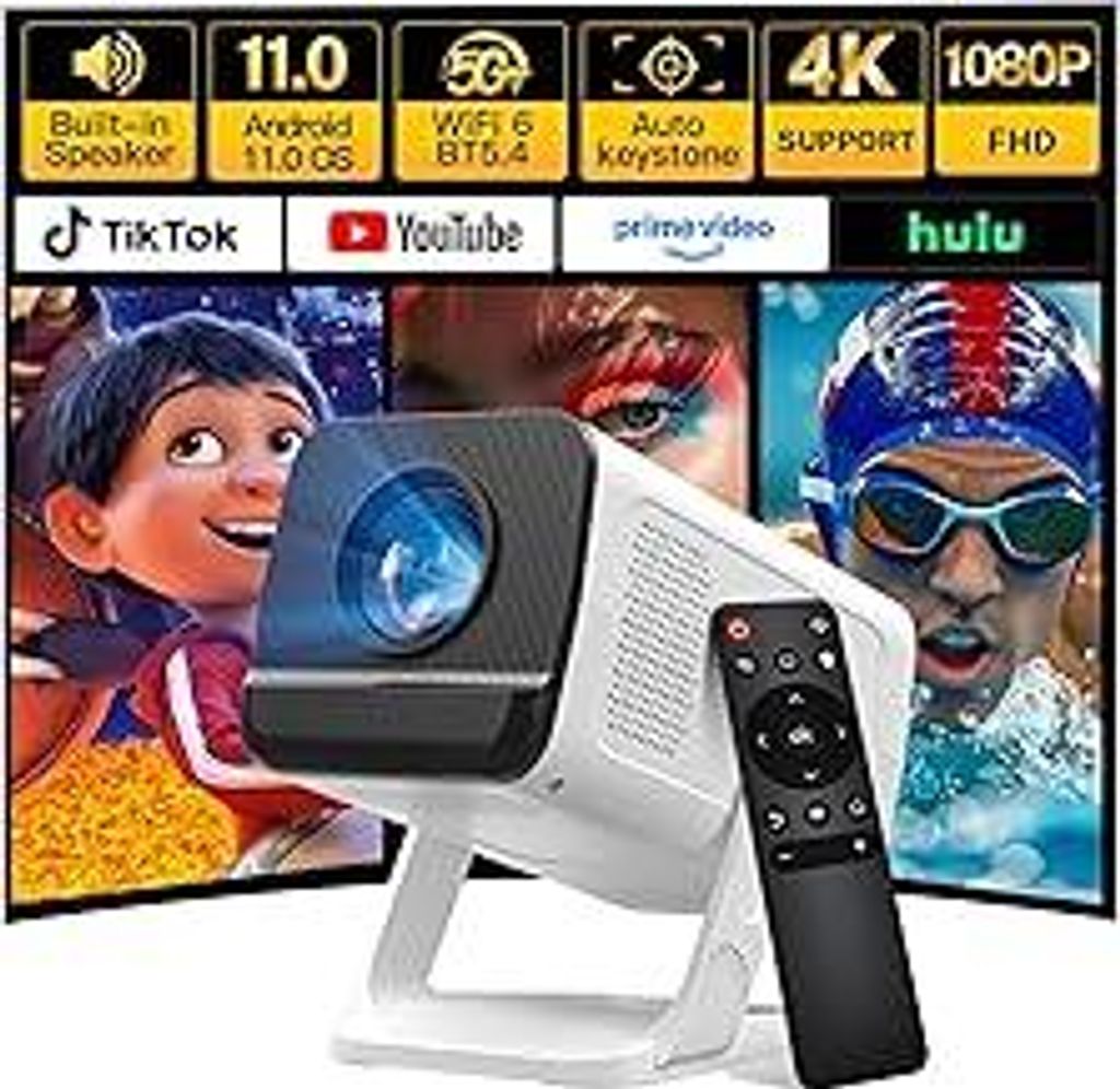 4K 1080P unterstützt Mini Beamer mit Android 11 OS Klein Projektor mit WiFi 6 Bluetooth 5.4, 270° Drehung Smart Portable Projector Kompatibel mit...