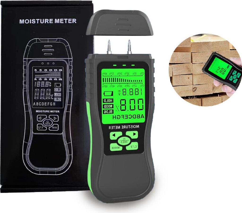 Feuchtemessgerät Feuchteindikator Feuchtigkeitsmessgerät mit LCD-Display 8 Kalibrierungsskalen und Automatische Abschaltfunktion Holzfeuchtemessg...