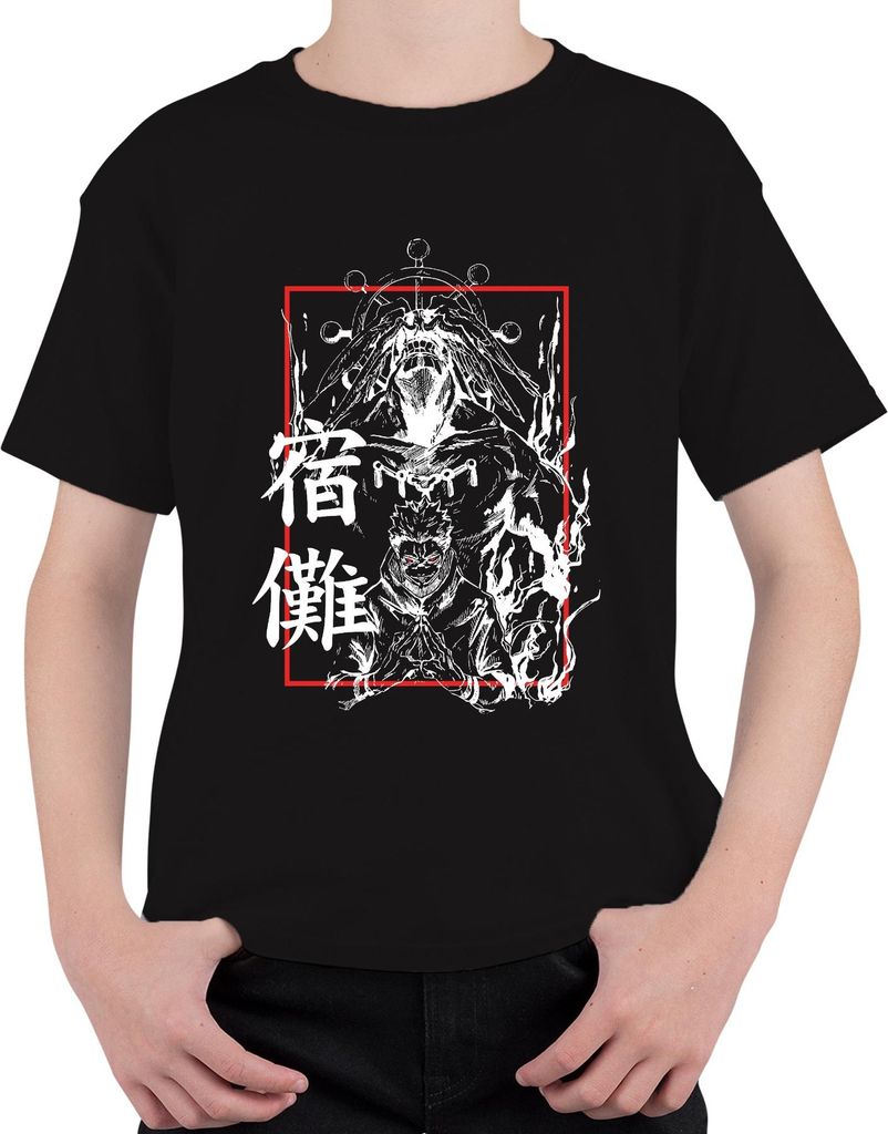 Jujutsu Kaisen Sukuna verflucht Dämon Flammen Rotaugen Anime Uni Kinder T-Shirt, Schwarz, 152