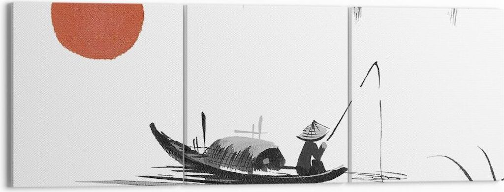 Bild auf Leinwand - Leinwandbild - 3 Teile - China Angler Zeichnen - 150x50cm - Wand Bild - Wanddeko - Wandbilder - Leinwanddruck - Bilder - Wandde...
