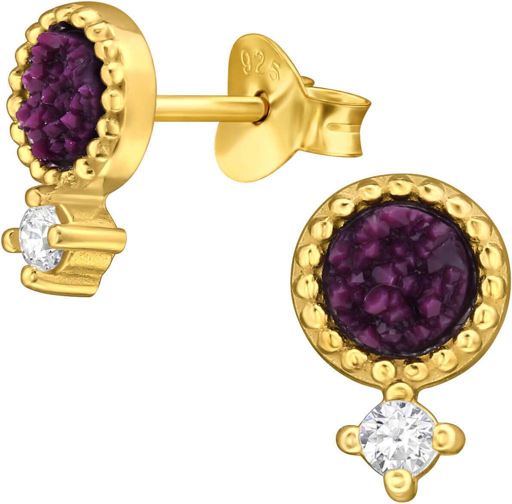 Ohrringe Ohrstecker 925 Sterling Silber vergoldet mit Zirkoniasteinen und Druse in verschiedenen Farben Farbe - Gold-Lila