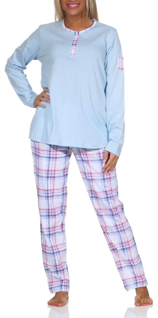 Normann Damen Schlafanzug mit karierter Pyjama-Hose aus Jersey - auch in Übergröße ; hellblau , 36
