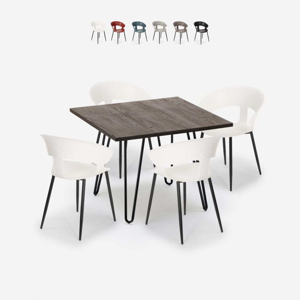 Set 4 Stühle und Tisch 80x80cm industrielles modernes Design Restaurant Küche Maeve Dark - Weiß