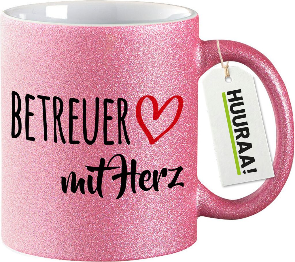 Huuraa Glitzertasse Betreuer mit Herz 330ml Pink Keramik Kaffeebecher Geschenkidee