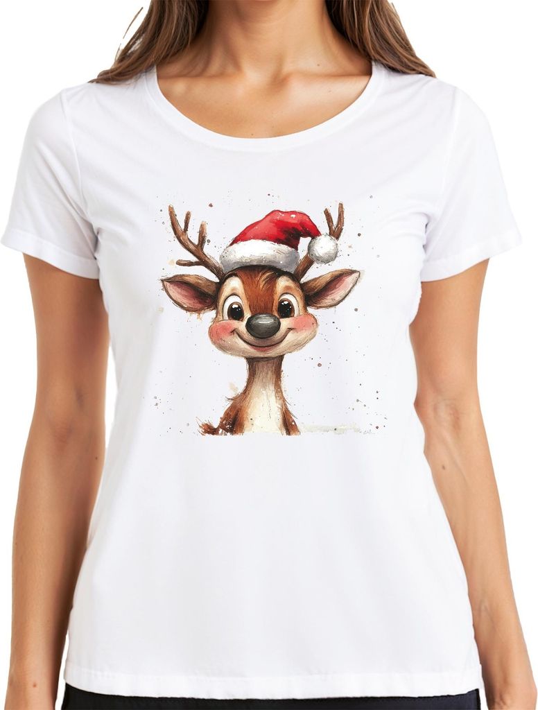 Weihnachten Süßes Rentier Santa Hut Geschenk Kinder Familie Damen T-Shirt, Weiß, 3XL
