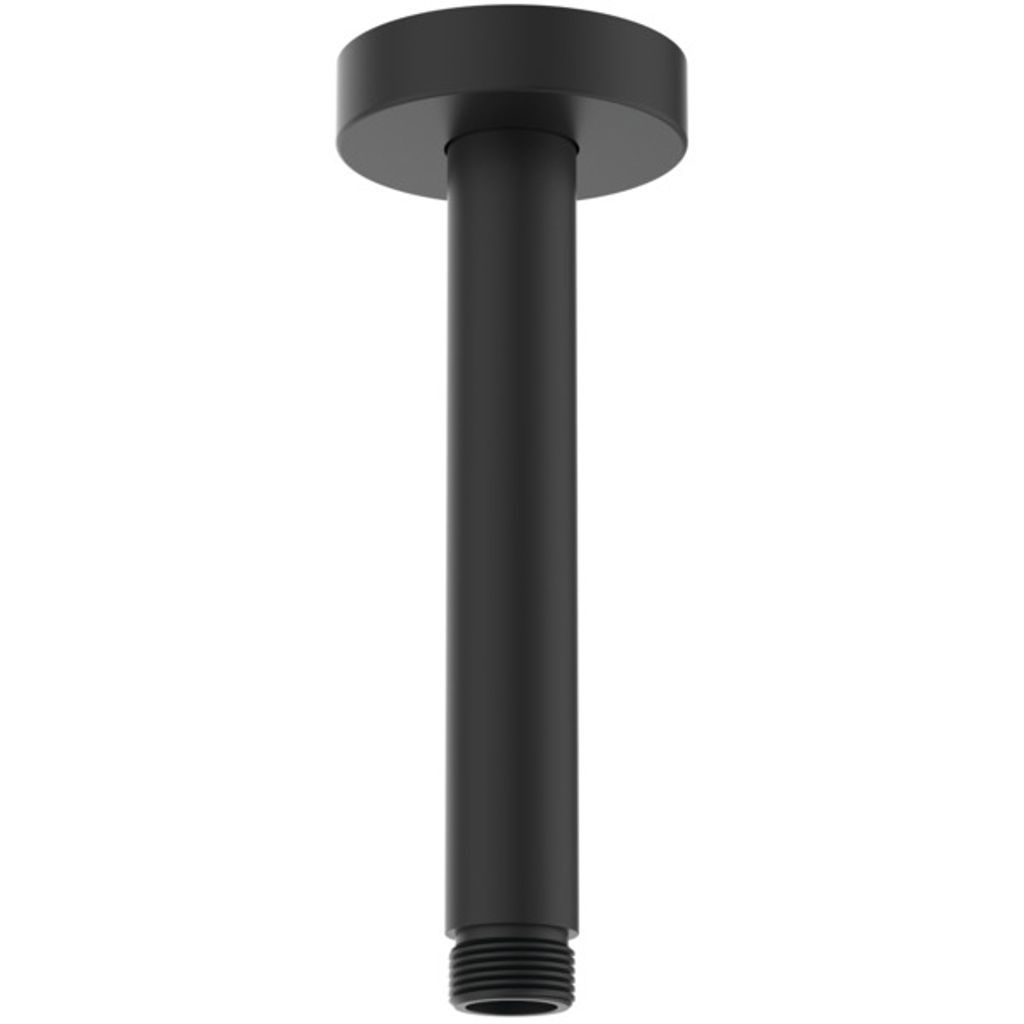 A black ceiling shower arm with a round flange at the top and threaded connection at the bottom.