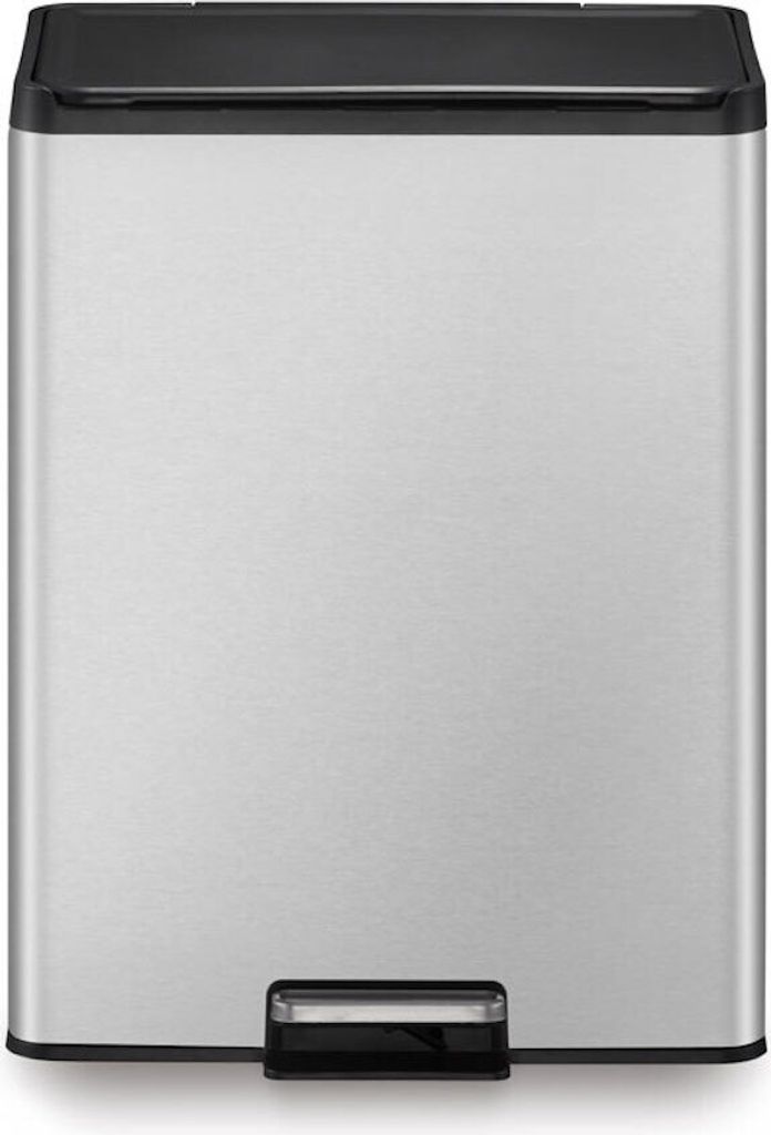 Rechteckiger Treteimer aus gebürstetem Edelstahl mit Soft-Close & Stay-Open Deckel | 20+20 Liter, HxBxT 59,2x33,8x46,2cm | Silber